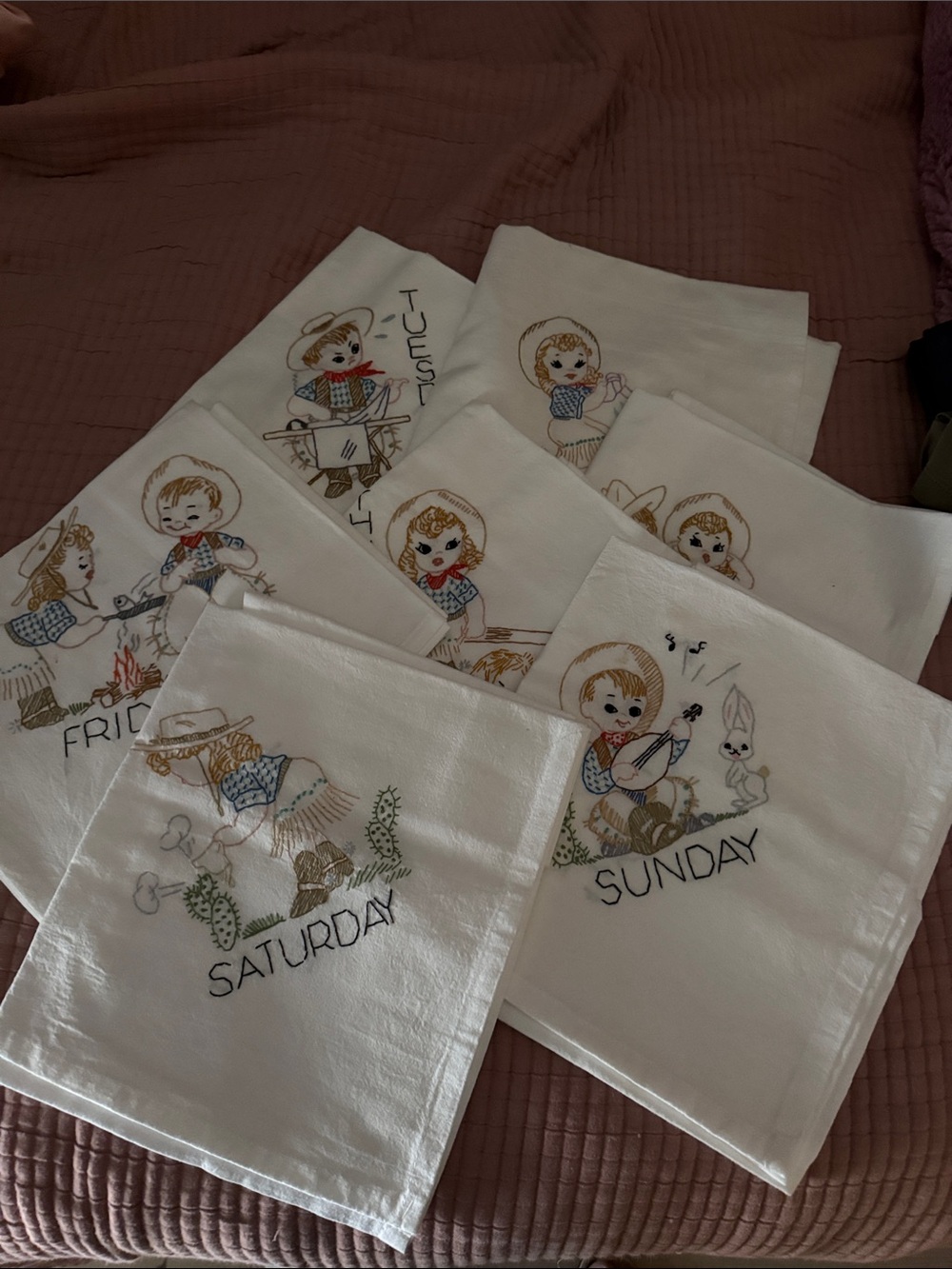 Set of 7 White Embroidered Day-of-Week Kitchen Towels with Child Motifs